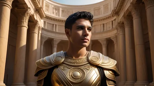 Prompt: detailed Roman-inspired Starfleet armor, ornate, intricate design, detailed Starfleet communicator badges, realistic rank insignia, Starfleet-inspired Roman toga, ancient Roman hairstyle, relaxed posture, natural posture, dramatic lighting and shadows,  sci-fi, detailed faces, detailed hair, highly detailed eyes, detailed iris texture, detailed pupils, detailed eyelashes, detailed eyebrows, detailed arms, relaxed arms, detailed hands, relaxed hands, detailed mouths, on a hill above a futuristic city, gleaming, futuristic Roman architecture, splendid, opulent, Highly detailed futuristic depictions of Roman iconography, marble and gold materials, intricate marble carvings, futuristic Roman architecture, gold accents, ultra-detailed, professional, futuristic, Roman iconography, marble, gold, intricate details, luxurious, vibrant and dynamic, Roman Empire vibe, captivating storytelling, expressive faces, intense expressions, cybernetic enhancements, futuristic technology, detailed futuristic work stations, cinematic quality, dynamic composition, dramatic poses, unique visual narrative, dramatic angles, lens flare, professional lighting, subdued color scheme, the golden hour