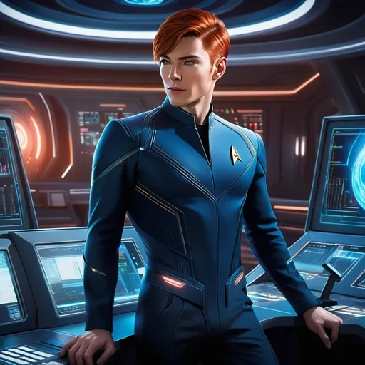 Prompt: the male gaze, male  30-year-old Gay  male Irish communications officer at the communications console, slender build, relaxed posture, Star Trek Discovery, futuristic sci-fi setting, sleek and modern design, bright and high-tech control panel, detailed skin, detailed hair, short red hair, detailed facial features, male, vibrant and dynamic lighting, professional, highres, sci-fi, futuristic, detailed expression, modern technology, atmospheric lighting, high res, ultra realistic, octane rendering, 64k, CFG:14, by Helnwein, by Julie Bell