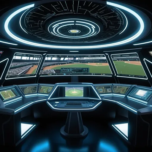 Prompt: the hemispherical bridge of a Federation starship, dominated by a large detailed viewscreen showing a baseball game,  
and detailed computer consoles,
