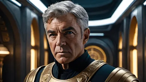 Prompt: a highly detailed, high quality professional matte painting incorporating elements of Star Trek, IMAX 70mm film, Leica APO-Summicron-M 90mm f/2 lens,

Admiral Kirk, rugged looks, battle scarred, Confident, cocky, commanding demeanor,  intelligent vibe, proud and imperious, Roman-inspired haircut, gray hair, grizzled, gruff exterior, highly detailed gold Roman-inspired Starfleet body armor, ornate, intricate design, highly detailed Starfleet communicator badge, gold and jewel embellishments, highly detailed rank insignia,  highly detailed face, intense facial expression, highly detailed facial wrinkles, highly detailed skin texture, highly detailed hair, highly detailed hair texture, highly detailed steely blue eyes, highly detailed iris texture, highly detailed pupils, highly detailed corneas, highly detailed sclera texture, highly detailed eyelashes, highly detailed eyebrows, highly detailed ears, highly detailed arms, highly detailed hands, highly detailed mouth texture, highly detailed fingers, highly detailed mouth, highly detailed teeth, dramatic poses,


a highly detailed futuristic city, gleaming, futuristic highly detailed Roman architecture, splendid, opulent,  Highly detailed futuristic depiction of Roman iconography, marble and gold materials, highly detailed intricate marble carvings, futuristic Roman architecture, gold accents, ultra-detailed, professional, futuristic, highly detailed Roman iconography, marble, gold, intricate details, luxurious, dramatic lighting and shadows, sci-fi, vibrant and dynamic, Roman Empire vibe, captivating storytelling, futuristic technology, highly detailed futuristic work stations, cinematic quality, dynamic composition,  unique visual narrative, dramatic angles, lens flare, professional lighting, subdued color scheme, night, two moons, 