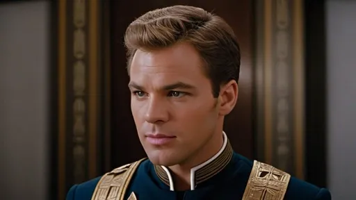 Prompt: a highly detailed, high quality, professional matte painting, IMAX 70mm film, Zeiss ZM T* Biogon 21/2.8 lens, Kodachrome,









Captain Kirk, rugged good looks, Confident, cocky, insouciant demeanor, charming, intelligent vibe, Roman-inspired haircut, detailed gold Roman-inspired Starfleet uniform, ornate, intricate design, highly detailed Starfleet communicator badges, gold and jewel embellishments, realistic rank insignia, relaxed posture, natural posture,  detailed face, relaxed facial expression, highly detailed skin texture, highly detailed hair, highly detailed hair texture, highly detailed eyes, detailed iris texture, detailed pupils, highly detailed corneas, highly detailed sclera texture, highly detailed eyelashes, highly detailed eyebrows, highly detailed ears, highly detailed arms, highly detailed hands, detailed mouth texture, relaxed hands, highly detailed fingers, detailed mouth, relaxed mouths, highly detailed teeth,

a highly detailed futuristic starship, futuristic Roman-inspired design, splendid, opulent,  marble and acrylic materials, 



cinematic quality, dynamic composition, unique visual narrative, dramatic angles, diffuse professional lighting, subdued color scheme, 


