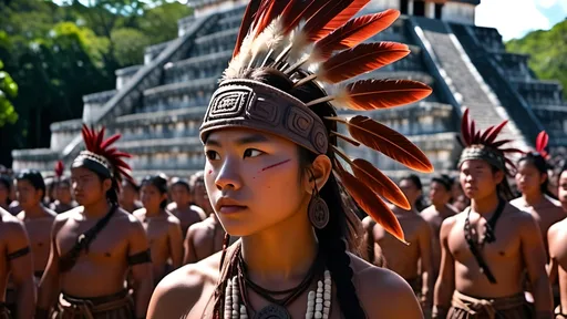 Prompt: A professional high quality, highly detailed matte painting for a film by Denis Villenueve,  by Greig Fraser, set in 500 CE, 64k octane rendering, the male gaze, an energetic male 20-year-old Mayan warrior, slender athletic build, a tuft of hair on the right side of his head, coppery brown skin, relaxed natural posture, scars, brightly colored tattoos , period garb,  jade jewelry, quilted armor, traditional Mayan headdress, fierce looking, clean shaven, detailed hair, detailed face, traditional Mayan footwear, practices in a Mayan ball court , in the crowded and bustling courtyard of  a pyramid, in the city of Chichen Itza, karst environment, cultivated vegetation, Mayan architecture, dozens of Mayan ball players, a thriving community,  a sense of foreboding, mysterious and strange, hyper masculinity, a sense impending doom, a deep connection to the natural world,
unreal engine, professional lighting, muted colors, IMAX 70mm film, Zeiss ZM T* Biogon 21/2.8 lens, dramatic angles, bright vibrant colors, fields of maize, detailed clothes, detailed hair, detailed hands, detailed eyes, a sense of disaster, best quality 