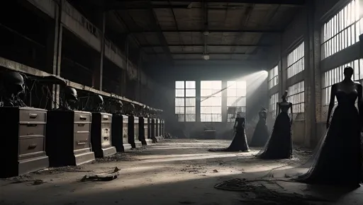Prompt: Immense brutalist warehouse with large windows, rusted retro industrial sewing machines, a skeletal bride in silhouette, sun shafts, cobwebs, debris, Victorian wedding gowns on racks, scattered human bones on the floor, high contrast lighting, moody, eerie atmosphere, grungy, detailed textures, dusty, haunting, a sense of loneliness, gothic, vintage, dark and dramatic, best quality, highres, ultra-detailed, surreal, horror, eerie lighting, atmospheric, high contrast, black and white, dramatic angles, 21mm lens, IMAX 70mm film