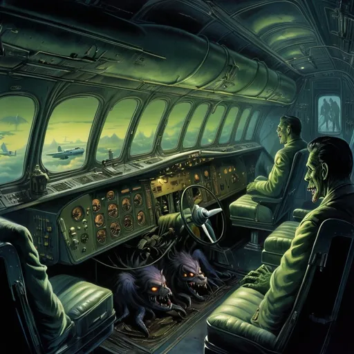 Prompt: Monsters in a Lockheed Constellation in 1948, vintage horror illustration, eerie atmosphere, detailed aircraft interior, menacing creatures, retro, haunting lighting, high quality, vintage horror, detailed monsters, eerie atmosphere, 1948, Lockheed Constellation, vintage aircraft interior, menacing creatures, retro, haunting lighting
