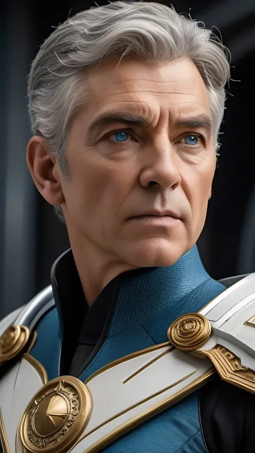 Prompt: Admiral Kirk, rugged looks, battle scarred, Confident, cocky, commanding demeanor,  intelligent vibe, proud and imperious, Roman-inspired haircut, gray hair, grizzled, gruff exterior, detailed gold Roman-inspired Starfleet body armor, ornate, intricate design, highly detailed Starfleet communicator badge, gold and jewel embellishments, realistic rank insignia, dynamic posture,  highly detailed face, intense facial expression, highly detailed facial wrinkles, highly detailed skin texture, highly detailed hair, highly detailed hair texture, highly detailed steely blue eyes, detailed iris texture, detailed pupils, highly detailed corneas, highly detailed sclera texture, highly detailed eyelashes, highly detailed eyebrows, highly detailed ears, highly detailed arms, highly detailed hands, detailed mouth texture, relaxed hands, highly detailed fingers, highly detailed mouth, relaxed mouths, highly detailed teeth,
highly detailed futuristic starship, futuristic Roman-inspired design, marble and acrylic materials, cinematic quality, dynamic composition, unique visual narrative, dramatic angles, diffuse professional lighting, opulent, splendid, subdued color scheme, sci-fi, futuristic, detailed architecture, grand scale, professional, atmospheric lighting, warlike vibe, IMAX 70mm film, Leica APO-Summicron-M 90mm f/2 lens,
