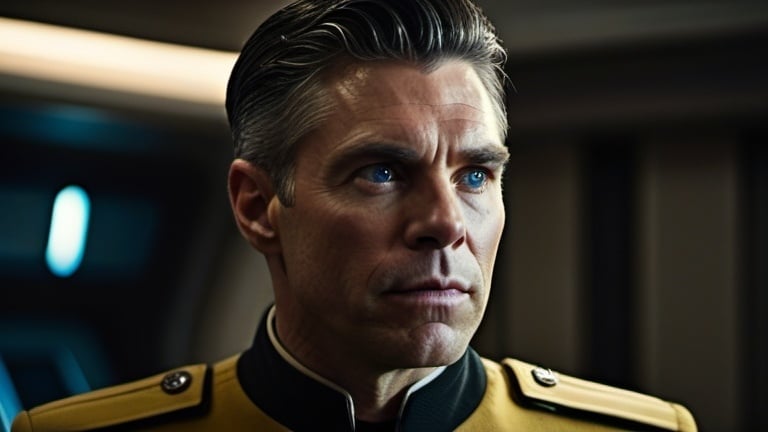 Prompt: Film noir version of Star Trek: Strange New World, Anson Mount as 49-year-old Captain Christopher Pike, gold uniform, detailed eyes, detailed uniform, detailed hair, detailed face, detailed hands, detailed fingers, fit and trim, tough looking, a commanding physical presence, relaxed posture, natural posture,  professional demeanor, gritty post-apocalyptic wasteland, windy, dusty and desolate environment,  derelict retro-futuristic spacecraft and rusty retro-futuristic mining equipment, detailed Starfleet away team uniforms, best quality, detailed textures, realistic, post-apocalyptic, intense close-ups,   emotional storytelling, intense lighting and shadows, muted earthy tones, liminal spaces, dramatic angles, professional lighting, Denis Villeneuve-inspired, detailed facial expressions, dust and debris in the air, lens flare,  IMAX 70mm film,  Zeiss ZM T* Biogon 21/2.8 lens,
