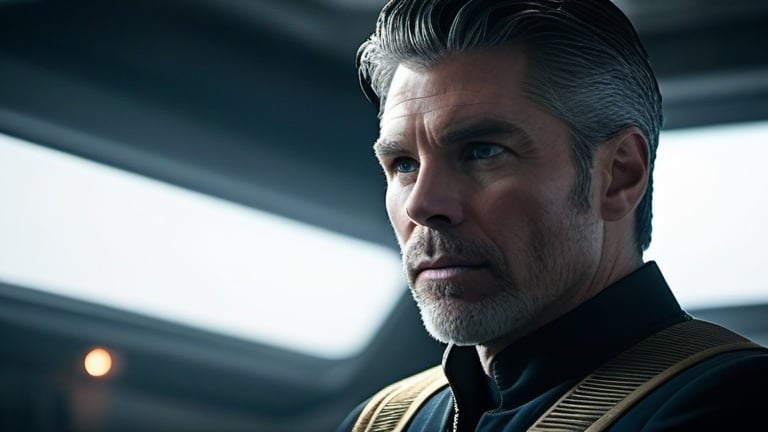 Prompt: Film noir version of Star Trek: Strange New World, Anson Mount is 43-year-old Captain Christopher Pike, Rebecca Romijn 30-year-old  First Officer Una Chin-Riley, detailed eyes, detailed uniforms, detailed hair, detailed faces, detailed hands, relaxed posture, natural posture,  gritty post-apocalyptic wasteland, windy, dusty and desolate environment, high quality, detailed textures, realistic, post-apocalyptic, intense close-ups, derelict futuristic spacecraft,  emotional storytelling, intense lighting and shadows, muted earthy tones, rusty futuristic mining equipment, liminal spaces, dramatic angles, professional lighting, Denis Villeneuve-inspired, detailed facial expressions, dust and debris in the air, lens flare,  IMAX 70mm film,  Zeiss ZM T* Biogon 35/2 lens,
