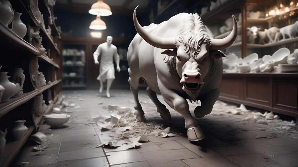 Prompt: Macabre dark fantasy of a man made of porcelain being chased by a bull through a shop, eerie porcelain material, shattered porcelain pieces, haunting atmosphere, intense pursuit, best quality, detailed macabre, dark fantasy, eerie, porcelain material, shattered porcelain, intense pursuit, haunting atmosphere, detailed bull, shop setting, dark tones, atmospheric lighting, unreal engine 