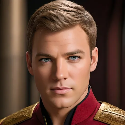 Prompt: Captain Kirk, Confident,  boyish demeanor, charming, intelligent vibe, Roman-inspired haircut, detailed red Roman-inspired Starfleet dress, ornate, intricate design, highly detailed Starfleet communicator badges, gold and jewel embellishments, realistic rank insignia, relaxed posture, natural posture, dramatic lighting and shadows, detailed face, relaxed facial expression, highly detailed skin texture, highly detailed hair, highly detailed hair texture, highly detailed eyes, detailed iris texture, detailed pupils, highly detailed eyelashes, highly detailed eyebrows, highly detailed ears, highly detailed arms, relaxed arms, highly detailed hands, detailed mouth texture, relaxed hands, highly detailed fingers, detailed mouth, relaxed mouths, highly detailed teeth,