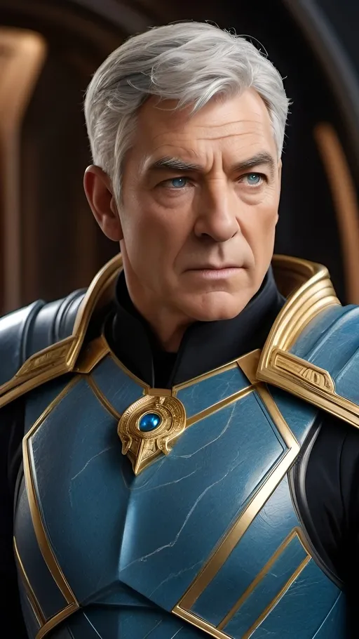 Prompt: Admiral Kirk, rugged looks, battle scarred, Confident, cocky, commanding demeanor,  intelligent vibe, proud and imperious, Roman-inspired haircut, gray hair, grizzled, gruff exterior, detailed gold Roman-inspired Starfleet body armor, ornate, intricate design, highly detailed Starfleet communicator badge, gold and jewel embellishments, realistic rank insignia, dynamic posture,  highly detailed face, intense facial expression, highly detailed facial wrinkles, highly detailed skin texture, highly detailed hair, highly detailed hair texture, highly detailed steely blue eyes, detailed iris texture, detailed pupils, highly detailed corneas, highly detailed sclera texture, highly detailed eyelashes, highly detailed eyebrows, highly detailed ears, highly detailed arms, highly detailed hands, detailed mouth texture, relaxed hands, highly detailed fingers, highly detailed mouth, relaxed mouths, highly detailed teeth,
highly detailed futuristic starship, futuristic Roman-inspired design, marble and acrylic materials, cinematic quality, dynamic composition, unique visual narrative, dramatic angles, diffuse professional lighting, opulent, splendid, subdued color scheme, sci-fi, futuristic, detailed architecture, grand scale, professional, atmospheric lighting, warlike vibe,