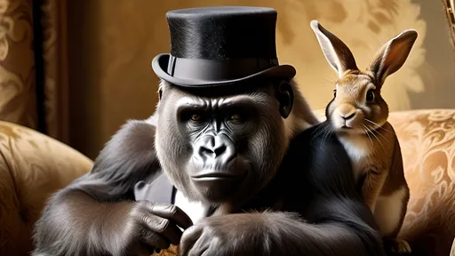 Prompt: Gorilla in a top hat playing with a rabbit, oil painting, detailed fur with warm reflections, vintage style, warm earthy tones, soft natural lighting, high quality, vintage, detailed eyes, playful interaction, classy attire, IMAX 70mm film, Leica APO-Summicron-M 90mm f/2 lens,
