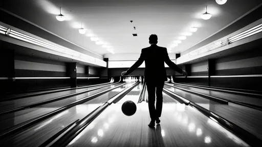 Prompt: Art deco bowling alley,  a dark figure in silhouette, dramatic angles, high contrast, black and white, 15mm lens, smoky atmosphere, light rays, vintage, classy, retro, detailed architecture, professional lighting