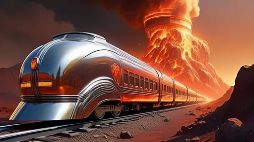 Prompt: Art Deco Streamliner locomotive in hell, fiery landscape, vintage-futuristic style, intricate metallic details, hellish atmosphere, high quality, retro-futurism, art deco, streamliner, inferno, fiery, vintage, intricate design, hellish landscape, detailed metallic, atmospheric lighting, unreal engine,  by Vallejo, by Terence Cuneo