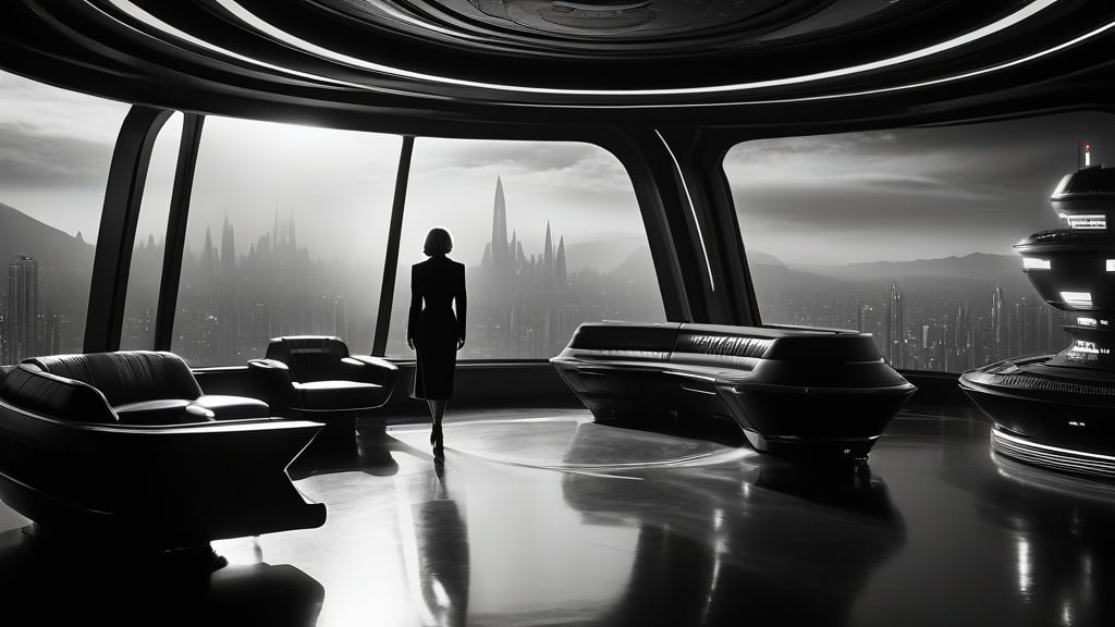 Prompt: Noir interpretation of Star Trek: Prodigy, Kathryn Janeway,  Murf, Gwyndala, Drednok, Rok-Tahk, 
 Jankom Pog, Thadiun Okona, The Diviner, Dal R'El, Zero, black and white, dramatic lighting, futuristic cityscape, vintage spaceship, mysterious shadows, high contrast, film noir, detailed characters, professional, atmospheric lighting, moody lighting,  vintage futuristic technology, mysterious atmosphere, highly detailed, professional, film noir, vintage sci-fi, liminal space, best quality, IMAX 70mm film, 15mm lens, hypermasculinity, best quality,  octane rendering,

