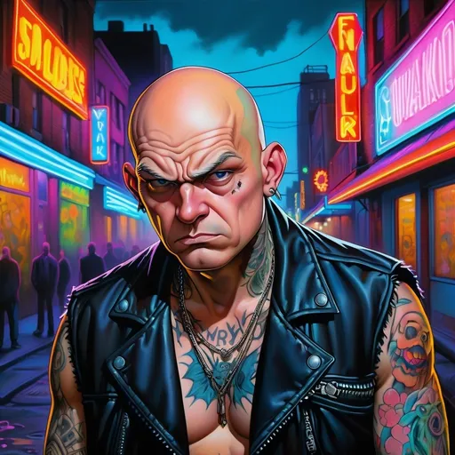 Prompt: flabby overweight wrinkled bald old male hardcore punk rock fan, insolent scowl, facial tattoo, black eye, Christy Powers style, in 2024, oil painting, vibrant and rebellious, intense presence, iconic punk fashion, gritty urban atmosphere, NYC punk scene, vibrant colors, dramatic lighting, 64k, octane rendering, ultra-detailed, oil painting,  gritty urban, vibrant colors, dramatic lighting, atmospheric, Hasselblad 150mm f/4 Zeiss Sonnar T* CF lens, medium format film,