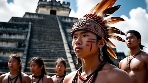 Prompt: A professional high quality, highly detailed matte painting for a film by Denis Villenueve,  by Greig Fraser, set in 500 CE, 64k octane rendering, the male gaze, an energetic male 20-year-old Mayan warrior, slender athletic build, a tuft of hair on the right side of his head, coppery brown skin, relaxed natural posture, scars, brightly colored tattoos , period garb,  jade jewelry, quilted armor, traditional Mayan headdress, fierce looking, clean shaven, detailed hair, detailed face, traditional Mayan footwear, practices in a Mayan ball court , in the crowded and bustling courtyard of  a pyramid, in the city of Chichen Itza, karst environment, cultivated vegetation, Mayan architecture, dozens of Mayan ball players, a thriving community,  a sense of foreboding, mysterious and strange, hyper masculinity, a sense impending doom, a deep connection to the natural world,
unreal engine, professional lighting, muted colors, IMAX 70mm film, Zeiss ZM T* Biogon 21/2.8 lens, dramatic angles, bright vibrant colors, fields of maize, detailed clothes, detailed hair, detailed hands, detailed eyes, a sense of disaster, best quality 