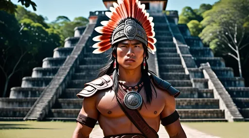 Prompt: A professional high quality, highly detailed matte painting for a film by Denis Villenueve,  by Greig Fraser, set in 500 CE, 64k octane rendering, the male gaze, after a battle, an energetic male 20-year-old Mayan ball player, slender athletic build, muscular and agile, long black hair, a tuft of hair on the right side of the head, coppery brown skin, relaxed natural posture, scars, traditional Mayan tattoos , period garb,  jade jewelry, quilted armor, traditional Mayan wooden headdress, fierce looking, clean shaven, traditional Mayan footwear, jogs in a Mayan ball court , in the crowded and bustling courtyard of  a pyramid, in the city of Chichen Itza, karst environment, cultivated vegetation, Mayan architecture, dozens of people, a thriving community,  a sense of foreboding, mysterious and strange, hyper masculinity, a sense impending doom, a deep connection to the natural world,
unreal engine, professional lighting, muted colors, IMAX 70mm film, Zeiss ZM T* Biogon 21/2.8 lens, dramatic angles, bright vibrant colors, fields of maize, detailed clothes, detailed hair, detailed hands, detailed eyes, a sense of disaster, best quality 