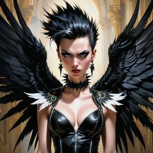 Prompt: Female angel punk rock star performer, Julie Bell style, black mohawk, detailed wings, fierce expression, high contrast, oil painting, intense lighting, gothic tones, intricate details, powerful presence, dynamic pose, professional quality, highres, oil painting, gothic, detailed wings, fierce expression