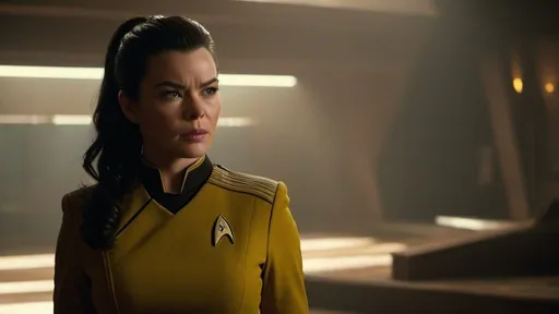 Prompt: Film noir version of Star Trek: Strange New Worlds, Rebbeca Romijn as 35-year-old Commander Una Chin-Riley, yellow uniform, detailed eyes, detailed uniform, detailed hair, dark brown hair, ponytail, detailed face, detailed hands, detailed fingers, fit and trim, compassionate looking, a commanding physical presence, relaxed posture, natural posture,  professional demeanor, gritty post-apocalyptic wasteland, windy, dusty and desolate environment,  derelict retro-futuristic spacecraft and rusty retro-futuristic mining equipment, detailed Starfleet away team uniforms, best quality, detailed textures, realistic, post-apocalyptic, intense close-ups,   emotional storytelling, intense lighting and shadows, muted earthy tones, liminal spaces, dramatic angles, professional lighting, Denis Villeneuve-inspired, detailed facial expressions, dust and debris in the air, lens flare,  IMAX 70mm film,  Zeiss ZM T* Biogon 21/2.8 lens,
