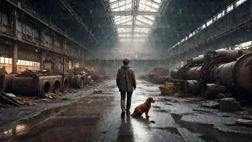 Prompt: highly detailed highly realistic  professional matte painting by Denis Villeneuve, by Greig Fraser,  for a dystopian post apocalyptic movie,  movie poster style, professional lighting, 64k, UHD, octane rendering, unreal engine, 

gritty realism, 
rusty tones, a sense of impending doom, moody and atmospheric, 
in an abandoned factory, filled with
retro industrial machinery, 
rusty metal desks, trash, 
debris,
decay, 
brutalist architecture, 
cracked pavement, 
 
with crumbling walls, 
cracked pavement,  
detailed rust textures,  


a lone man, 
18-years-old, slim and scruffy looking, detailed hands, detailed face, detailed dirty and worn clothes,
detailed character design, relaxed natural posture,
walks an Irish setter, detailed, well trained, intelligent looking, natural looking, 
  
dramatic angles, Zeiss Jena 35mm f2.8 Biogon LTM lens, IMAX 70mm film, 

