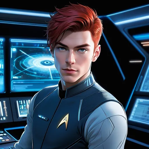 Prompt: the male gaze, male  30-year-old Gay  male Irish communications officer at the communications console, slender build, relaxed posture, Star Trek Discovery, futuristic sci-fi setting, sleek and modern design, bright and high-tech control panel, detailed skin, detailed hair, short red hair, detailed facial features, male, vibrant and dynamic lighting, professional, highres, sci-fi, futuristic, detailed expression, modern technology, atmospheric lighting, high res, ultra realistic, octane rendering, 64k, CFG:14, by Helnwein, by Julie Bell