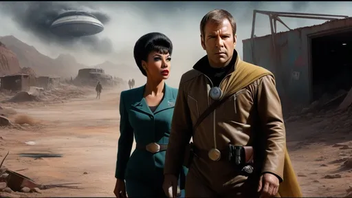 Prompt: Film noir version of Star Trek, Captain James T. Kirk, Spock, Commander Montgomery Scott, Lieutenant  Uhura, Dr. McCoy, Nurse Christine Chapel,
Realistic digital painting of a drifter, gritty post-apocalyptic wasteland, dusty and desolate environment,  high quality, detailed textures, realistic, post-apocalyptic, emotional storytelling, intense lighting and shadows, muted earthy tones, Denis Villeneuve-inspired, detailed facial expressions, dust and debris in the air, emotional connection, IMAX 70mm film, Zeiss ZM T* Biogon 21/2.8 lens