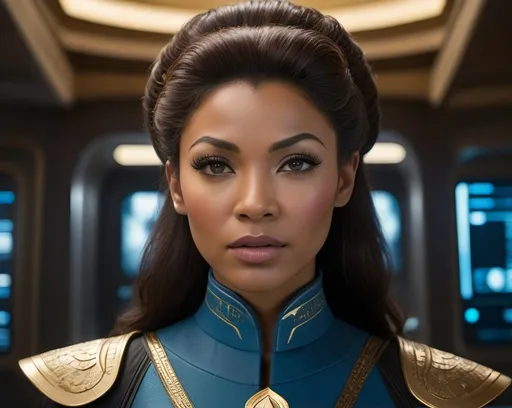 Prompt: a highly detailed, high quality professional matte painting incorporating elements of Star Trek: The Next Generation, IMAX 70mm film, Leica APO-Summicron-M 90mm f/2 lens,

Commander Uhura, fierce and loyal, battle-scarred, natural posture, dramatic lighting and shadows,  sci-fi, detailed face, highly detailed facial wrinkles, relaxed facial expression, highly detailed skin, highly realistic skin, highly detailed skin texture, highly detailed hair, highly detailed hair texture, highly detailed brown eyes, highly detailed iris texture, highly detailed pupils, highly detailed sclera, highly detailed eyelashes, highly detailed eyebrows, highly detailed ears, highly detailed arms,  highly detailed hands, highly detailed mouth texture, highly detailed fingers, highly detailed mouth, highly detailed teeth, wearing a highly detailed blue Roman-inspired Starfleet tunic, ornate, intricate design,  highly detailed Starfleet communicator badge, gold and jewel embellishments, highly detailed rank insignia, dynamic poses,



a highly detailed futuristic city,  gleaming, futuristic highly detailed Roman architecture, splendid, opulent,  highly detailed boulevards, wide, tree-lined, highly detailed white marble benches, highly detailed colorful Roman-inspired sleek retro-futuristic trains, Highly detailed futuristic depiction of Roman iconography, marble and gold materials, highly detailed intricate marble carvings, futuristic Roman architecture, gold accents, ultra-detailed, professional, futuristic, highly detailed Roman iconography, marble, gold, intricate details, luxurious, dramatic lighting and shadows, sci-fi, vibrant and dynamic, Roman Empire vibe, captivating storytelling, futuristic technology, highly detailed futuristic work stations, highly detailed holographic viewscreens, highly detailed maps, cinematic quality, dynamic composition, wide view,  unique visual narrative, dramatic angles, professional lighting, subdued color scheme, noon, partly cloudy