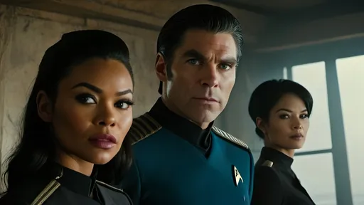 Prompt: Film noir version of Star Trek: Strange New World, Anson Mount is Captain Christopher Pike, Ethan Peck is half-Vulcan Lieutenant  Spock, Jess Bush is nurse Christine Chapel, Christina Chong is Asian Lieutenant La'an Noonien-Singh, Celia Rose Gooding is black African Ensign Nyota Uhura, Melissa Navia is Mexican Lieutenant Erica Ortegas, Babs Olusanmokun is black African Dr. Joseph M'Benga, Bruce Horak is Andorian Commander Hemmer, Rebecca Romijn is  Illyrian First Officer Una Chin-Riley,  a scene in gritty post-apocalyptic wasteland, dusty and desolate environment,  high quality, detailed textures, realistic, post-apocalyptic, intense close-ups, derelict spacecraft with ancient futuristic technology, emotional storytelling, intense lighting and shadows, muted earthy tones, rusty futuristic mining equipment, liminal spaces, dramatic angles, Denis Villeneuve-inspired, detailed facial expressions, dust and debris in the air, lens flare,  emotional connection, IMAX 70mm film, Voigtlander Super Wide-Heliar 15/4.5 lens, 