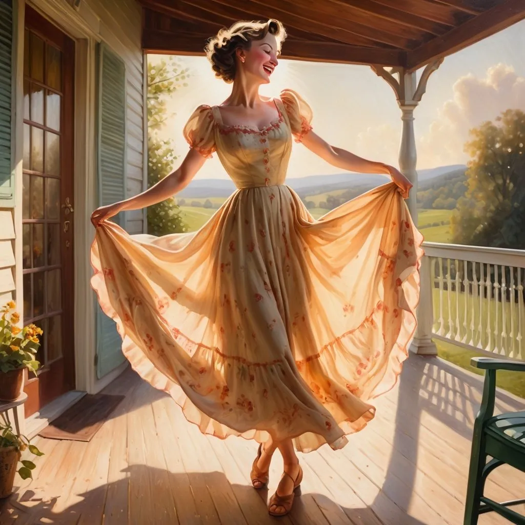 Prompt: Vintage-style oil painting of a woman dancing on a porch, flowing dress, nostalgic radio playing, warm sunlight filtering through, detailed facial features, 20th-century rural setting, high quality, vintage oil painting, warm tones, nostalgic, detailed dress, joyful expression, atmospheric lighting