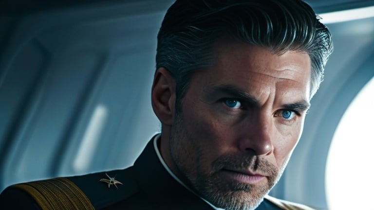 Prompt: Film noir version of Star Trek: Strange New World, Anson Mount is 43-year-old Captain Christopher Pike, detailed eyes, detailed uniforms, detailed hair, detailed faces, detailed hands, detailed fingers, and 30-year-old First Officer Rebecca Romijn, tall,  black hair,  detailed eyes, detailed uniforms, detailed hair, detailed faces, detailed hands, detailed fingers, relaxed posture, natural posture,  professional attachment, gritty post-apocalyptic wasteland, windy, dusty and desolate environment, high quality, detailed textures, realistic, post-apocalyptic, intense close-ups, derelict futuristic spacecraft,  emotional storytelling, intense lighting and shadows, muted earthy tones, rusty futuristic mining equipment, liminal spaces, dramatic angles, professional lighting, Denis Villeneuve-inspired, detailed facial expressions, dust and debris in the air, lens flare,  IMAX 70mm film,  Zeiss ZM T* Biogon 35/2 lens,
