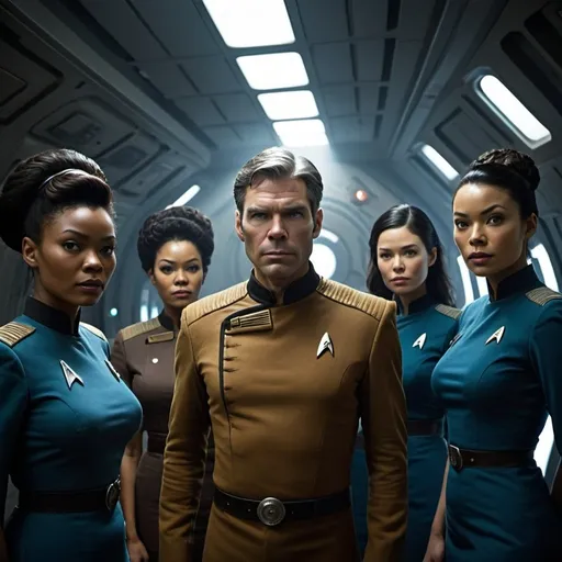 Prompt: Film noir version of Star Trek: Strange New World, Jess Bush is nurse Christine Chapel, Anson Mount is Captain Christopher Pike, Ethan Peck is half-Vulcan Lieutenant Spock,  Christina Chong is Asian Lieutenant La'an Noonien-Singh, Celia Rose Gooding is black African Ensign Nyota Uhura, Melissa Navia is Mexican Lieutenant Erica Ortegas, Babs Olusanmokun is black African Dr. Joseph M'Benga, Bruce Horak is Andorian Commander Hemmer, Rebecca Romijn is Illyrian First Officer Una Chin-Riley, a scene in gritty post-apocalyptic wasteland, dusty and desolate environment, high quality, detailed textures, realistic, post-apocalyptic, intense close-ups, derelict spacecraft with ancient futuristic technology, emotional storytelling, intense lighting and shadows, muted earthy tones, rusty futuristic mining equipment, liminal spaces, dramatic angles,  Denis Villeneuve-inspired, detailed facial expressions, dust and debris in the air, lens flare, emotional connection, IMAX 70mm film, Voigtlander Super Wide-Heliar 15/4.5 lens,

