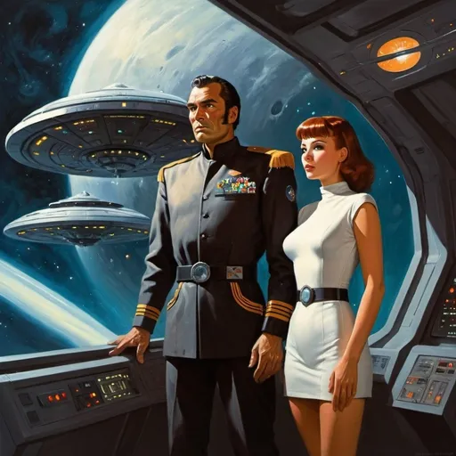 Prompt: Science fiction, pulp style, a man and a woman in command of a Statfleet  starship, best quality, inspired by Asimov
