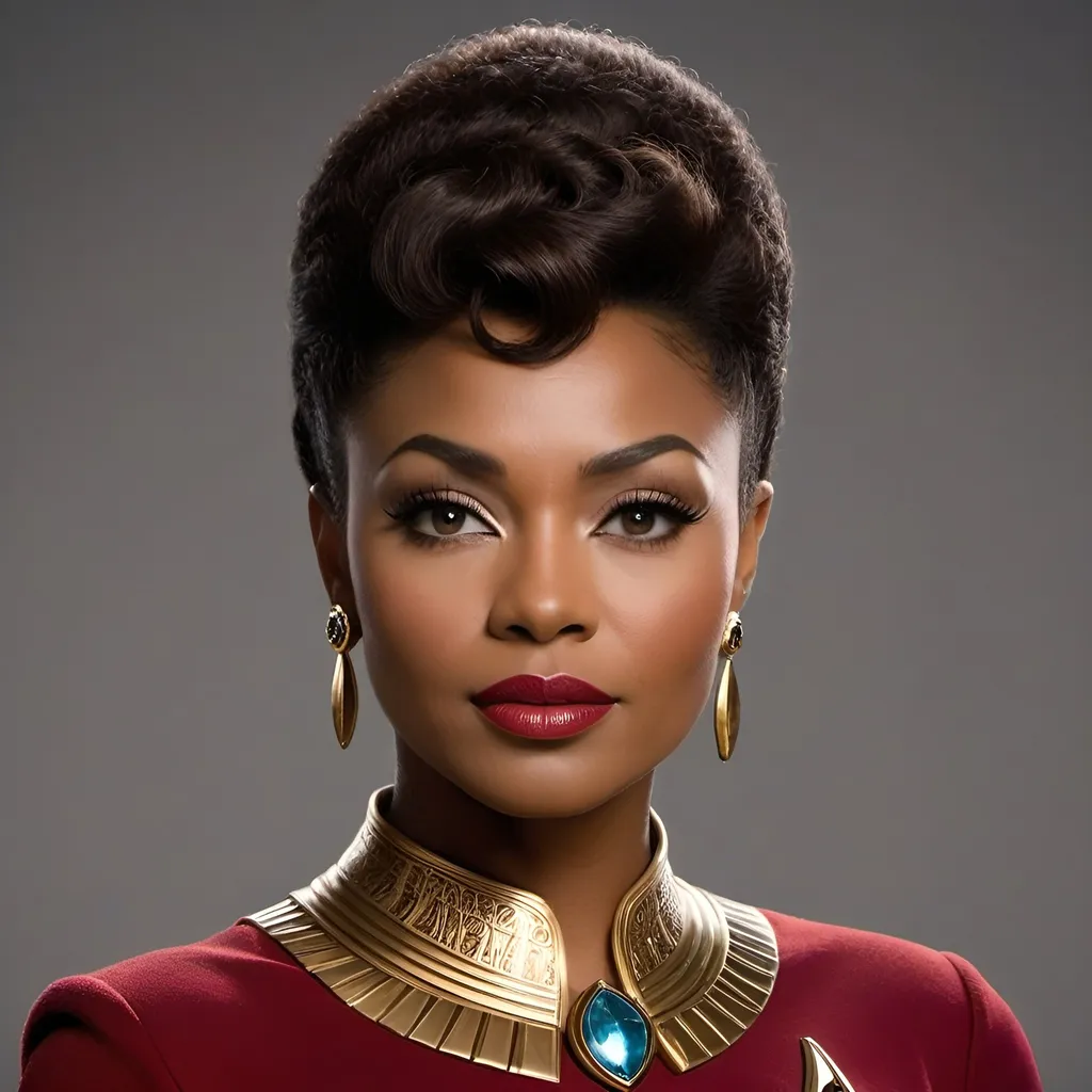 Prompt:  Lieutenant Uhura,  demure, dark skin, professional demeanor, intricate makeup, Roman-inspired jewelry, intelligent vibe, hyper feminine, intricate Roman-inspired haircut, detailed red Roman-inspired Starfleet dress, ornate, intricate design, highly detailed Starfleet communicator badges, gold and jewel embellishments, realistic rank insignia, relaxed posture, natural posture, dramatic lighting and shadows,  sci-fi, detailed face, relaxed facial expression, highly detailed skin texture, detailed hair, detailed hair texture, highly detailed eyes, detailed iris texture, detailed pupils, highly detailed eyelashes, highly detailed eyebrows, highly detailed ears, detailed arms, relaxed arms, detailed hands, detailed mouth texture, relaxed hands, detailed fingers, detailed mouths, relaxed mouths, detailed teeth,

