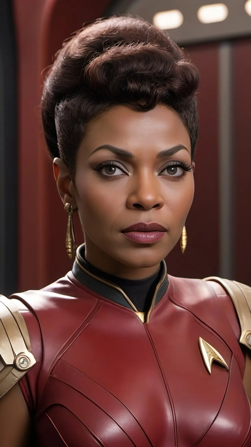 Prompt:  Lieutenant Uhura,  demure, dark skin, ferocious demeanor, intricate makeup, Roman-inspired jewelry, intelligent vibe, hyper feminine, intricate Roman-inspired haircut, detailed red Roman-inspired Starfleet armor, ornate, intricate design, highly detailed Starfleet communicator badges, gold and jewel embellishments, realistic rank insignia, relaxed posture, natural posture, dramatic lighting and shadows,  sci-fi, detailed face, detailed facial wrinkles, relaxed facial expression, highly detailed skin texture, detailed hair, detailed hair texture, highly detailed eyes, detailed iris texture, detailed pupils, highly detailed eyelashes, highly detailed eyebrows, highly detailed ears, detailed arms, relaxed arms, detailed hands, detailed mouth texture, relaxed hands, detailed fingers, detailed mouths, relaxed mouths, detailed teeth, on a highly detailed futuristic starship, futuristic Roman-inspired design, marble and acrylic materials, cinematic quality, dynamic composition, unique visual narrative, dramatic angles, diffuse professional lighting, opulent, splendid, subdued color scheme, sci-fi, futuristic, detailed architecture, grand scale, professional, atmospheric lighting, 