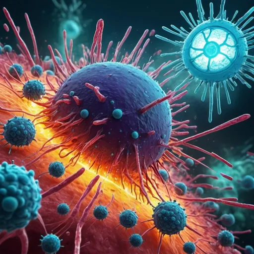 Prompt: High-stakes digital illustration of a heroic immune system, vibrant and energetic, epic battle against pathogens, futuristic nanotechnology, vibrant colors, intense lighting, high quality, ultra-detailed, digital art, heroic, vibrant colors, futuristic, nanotechnology, epic battle, intense lighting