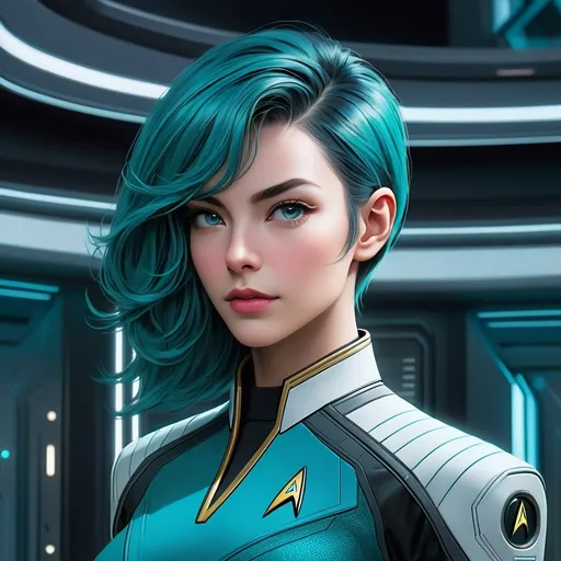 Prompt: Female Vulcan science officer, teal hair, Star Trek Discovery, engineering section, futuristic setting, detailed facial features, sci-fi, high-tech, professional, cool tones, atmospheric lighting, 64k, unreal engine, ultra-detailed, sleek design, futuristic technology, Vulcan features, teal hair highlights, detailed uniform, Star Trek, Discovery, engineering focus, intense gaze, by Julie Bell, movie poster style