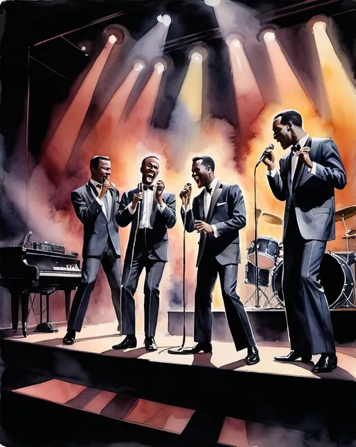 Prompt: perfectly rendered fine art watercolor painting of an 1960s R&B band on stage at a dark smoky nightclub, dynamic location, dynamic scene, dynamic poses, dynamic emotions, dynamic facial expressions, rossdraws global illumination 