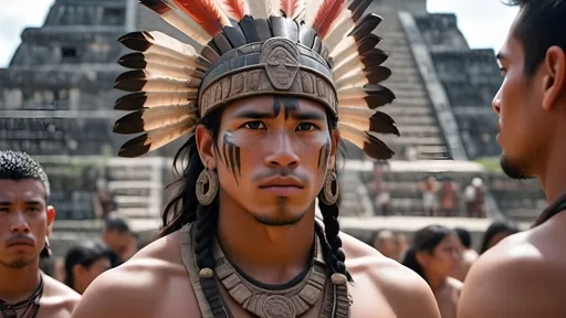 Prompt: A professional high quality, highly detailed matte painting for a film by Denis Villenueve,  by Greig Fraser, set in 500 CE, 64k octane rendering, the male gaze, an energetic male 20-year-old Mayan warrior, slender athletic build, a tuft of hair on the right side of his head, coppery brown skin, relaxed natural posture, scars, brightly colored tattoos , period garb,  jade jewelry, quilted armor, traditional Mayan headdress, fierce looking, clean shaven, detailed hair, detailed face, traditional Mayan footwear, plays  in a Mayan ball court , in the crowded and bustling courtyard of  a pyramid, in the city of Chichen Itza, karst environment, cultivated vegetation, Mayan architecture, dozens of Mayan ball players, a thriving community,  a sense of foreboding, mysterious and strange, hyper masculinity, a sense impending doom, a deep connection to the natural world,
unreal engine, professional lighting, muted colors, IMAX 70mm film, Zeiss ZM T* Biogon 21/2.8 lens, dramatic angles, bright vibrant colors, fields of maize, detailed clothes, detailed hair, detailed hands, detailed eyes, a sense of disaster, best quality 