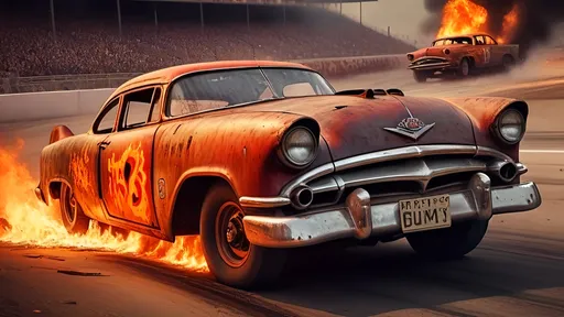 Prompt: Wreck at the fourth turn of the 1955 Daytona 500 in hell, fantasy style, detailed drivers, chaotic fiery atmosphere, vintage race cars engulfed in flames, twisted metal, intense heat, hellish red and orange tones, dramatic lighting, high energy, infernal, vintage feel, fantasy art, intense flames, chaotic wreckage, vintage race cars, fantasy setting, dramatic atmosphere, best quality, unreal engine, by TIM LAYZELL

