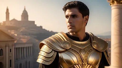 Prompt: detailed Roman-inspired Starfleet armor, ornate, intricate design, detailed Starfleet communicator badges, realistic rank insignia, Starfleet-inspired Roman toga, ancient Roman hairstyle, relaxed posture, natural posture, dramatic lighting and shadows,  sci-fi, detailed faces, detailed hair, highly detailed eyes, detailed iris texture, detailed pupils, detailed eyelashes, detailed eyebrows, detailed arms, relaxed arms, detailed hands, relaxed hands, detailed mouths, on a hill above a futuristic city, gleaming, futuristic Roman architecture, splendid, opulent, Highly detailed futuristic depictions of Roman iconography, marble and gold materials, intricate marble carvings, futuristic Roman architecture, gold accents, ultra-detailed, professional, futuristic, Roman iconography, marble, gold, intricate details, luxurious, vibrant and dynamic, Roman Empire vibe, captivating storytelling, expressive faces, intense expressions, cybernetic enhancements, futuristic technology, detailed futuristic work stations, cinematic quality, dynamic composition, dramatic poses, unique visual narrative, dramatic angles, lens flare, professional lighting, subdued color scheme, the golden hour