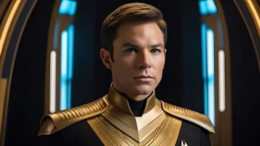 Prompt: a highly detailed, high quality professional matte painting incorporating elements of Star Trek, IMAX 70mm film, Voigtlander Super Wide-Heliar 15/4.5 lens,
 Captain Kirk, gold tunic, commanding physical presence, quizzical expression, hyper masculine, Roman-inspired haircut, detailed Roman-inspired Starfleet tunic, ornate, intricate design, highly detailed Starfleet communicator badges, gold and jewel embellishments, realistic rank insignia, relaxed posture, natural posture, dramatic lighting and shadows,  sci-fi, detailed face, relaxed facial expression, highly detailed skin texture, detailed hair, detailed hair texture, highly detailed eyes, detailed iris texture, detailed pupils, highly detailed eyelashes, highly detailed eyebrows, highly detailed ears, detailed arms, relaxed arms, detailed hands, detailed mouth texture, relaxed hands, detailed fingers, detailed mouths, relaxed mouths, detailed teeth,
 in deep space, on a futuristic starship, gleaming, futuristic Roman-inspired design, splendid, opulent,  Highly detailed futuristic depiction of Roman iconography, marble and gold materials, intricate marble carvings, futuristic Roman architecture, gold accents, ultra-detailed, professional, futuristic, Roman iconography, marble, gold, intricate details, advanced futuristic consoles, large highly  viewscreens, sleek advanced futuristic chairs, workstations with highly detailed holographic display panels, highly detailed schematics, central retro-futuristic Roman-inspired command center, opulently decorated, large LED panels, retro-futuristic, luxurious,  large forward viewscreen, highly detailed futuristic holographic display, vibrant and dynamic, Roman Empire vibe, captivating storytelling, expressive faces,  cybernetic enhancements, futuristic technology, detailed futuristic work stations, cinematic quality, dynamic composition, dramatic poses, unique visual narrative, dramatic angles, lens flare, professional lighting, subdued color scheme,  in deep space, 

