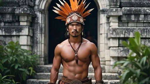 Prompt: A professional high quality, highly detailed matte painting for a film by Denis Villenueve,  by Greig Fraser, set in 500 CE, 64k octane rendering, the male gaze, an energetic male 20-year-old Mayan warrior, slender athletic build, a tuft of hair on the right side of his head, coppery brown skin, relaxed natural posture, scars, brightly colored tattoos , period garb,  jade jewelry, quilted armor, traditional Mayan headdress, fierce looking, clean shaven, detailed hair, detailed face, traditional Mayan footwear, practices in a Mayan ball court , in the crowded and bustling courtyard of  a pyramid, in the city of Chichen Itza, karst environment, cultivated vegetation, Mayan architecture, dozens of Mayan ball players, a thriving community,  a sense of foreboding, mysterious and strange, hyper masculinity, a sense impending doom, a deep connection to the natural world,
unreal engine, professional lighting, muted colors, IMAX 70mm film, Zeiss ZM T* Biogon 21/2.8 lens, dramatic angles, bright vibrant colors, fields of maize, detailed clothes, detailed hair, detailed hands, detailed eyes, a sense of disaster, best quality 