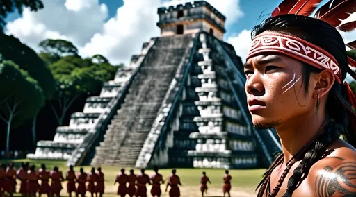 Prompt: A professional high quality, highly detailed matte painting for a film by Denis Villenueve,  by Greig Fraser, set in 500 CE, 64k octane rendering, the male gaze, after a battle, an energetic male 20-year-old Mayan ball player, slender athletic build, muscular and agile, long black hair, a tuft of hair on the right side of the head, coppery brown skin, relaxed natural posture, scars, traditional Mayan tattoos , period garb,  jade jewelry, quilted armor, traditional Mayan wooden headdress, fierce looking, clean shaven, traditional Mayan footwear, jogs in a Mayan ball court , in the crowded and bustling courtyard of  a pyramid, in the city of Chichen Itza, karst environment, cultivated vegetation, Mayan architecture, dozens of people, a thriving community,  a sense of foreboding, mysterious and strange, hyper masculinity, a sense impending doom, a deep connection to the natural world,
unreal engine, professional lighting, muted colors, IMAX 70mm film, Zeiss ZM T* Biogon 21/2.8 lens, dramatic angles, bright vibrant colors, fields of maize, detailed clothes, detailed hair, detailed hands, detailed eyes, a sense of disaster, best quality 