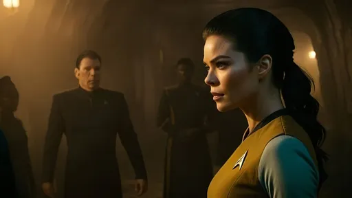 Prompt: Film noir version of Star Trek: Strange New World, Anson Mount is Captain Christopher Pike, Ethan Peck is half-Vulcan Lieutenant  Spock, Jess Bush is nurse Christine Chapel, Christina Chong is Asian Lieutenant La'an Noonien-Singh, Celia Rose Gooding is Kenyan Ensign Nyota Uhura, Melissa Navia is Mexican Lieutenant Erica Ortegas, Babs Olusanmokun is Nigerian Dr. Joseph M'Benga, Bruce Horak is Andorian Commander Hemmer, Rebecca Romijn is  Illyrian First Officer Una Chin-Riley,  a scene in gritty post-apocalyptic wasteland, dusty and desolate environment,  high quality, detailed textures, realistic, post-apocalyptic, intense close-ups, derelict spacecraft with ancient futuristic technology, emotional storytelling, intense lighting and shadows, muted earthy tones, rusty futuristic mining equipment, liminal spaces, dramatic angles, Denis Villeneuve-inspired, detailed facial expressions, dust and debris in the air, lens flare,  emotional connection, IMAX 70mm film, Voigtlander Super Wide-Heliar 15/4.5 lens, 