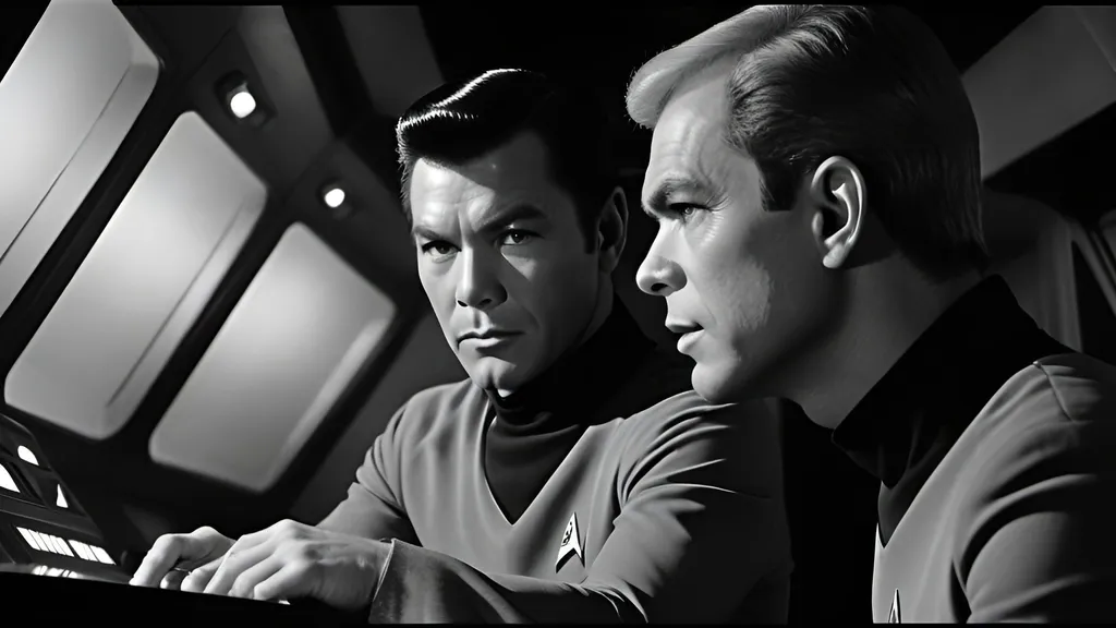 Prompt: Captain James T. Kirk, Spock, Montgomery Scott, Uhuru, Dr. McCoy, Nurse Chapel,
Mr. Sulu, Ensign Chekov, Janice Rand, Film noir version of Star Trek, black and white, moody lighting, vintage futuristic technology, intense close-ups, mysterious atmosphere, highly detailed, professional, film noir, vintage sci-fi, liminal space, dramatic lighting, intense gaze, detailed faces, detailed eyes, detailed hair, detailed hands, crew members, shuttlecraft, blinking lights, computers, consoles, aliens,   grainy film look, detailed face, expressive face,  hands, detailed hair, detailed fingers, realistic fingers,  detailed fingernails, detailed mouths, detailed teeth,  perfect hands, physical perfection, relaxed posture,  hard boiled, tough, IMAX 70mm film, 15mm lens, hypermasculinity, best quality,  octane rendering,