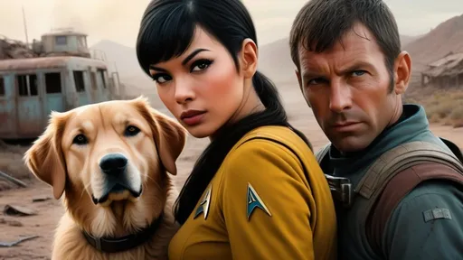 Prompt: Film noir version of Star Trek, Captain James T. Kirk, Spock, Commander Montgomery Scott, Lieutenant  Uhura, Dr. McCoy, Nurse Christine Chapel,
Realistic digital painting of a drifter, gritty post-apocalyptic wasteland, dusty and desolate environment, intense and emotional bond between the boy and dog, high quality, detailed textures, realistic, post-apocalyptic, emotional storytelling, intense lighting and shadows, muted earthy tones, Denis Villeneuve-inspired, detailed facial expressions, dust and debris in the air, emotional connection, IMAX 70mm film, Zeiss ZM T* Biogon 21/2.8 lens