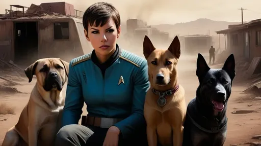 Prompt: Film noir version of Star Trek, Captain James T. Kirk, Spock, Commander Montgomery Scott, Lieutenant  Uhura, Dr. McCoy, Nurse Christine Chapel,
Realistic digital painting of a drifter, gritty post-apocalyptic wasteland, dusty and desolate environment, intense and emotional bond between the boy and dog, high quality, detailed textures, realistic, post-apocalyptic, emotional storytelling, intense lighting and shadows, muted earthy tones, Denis Villeneuve-inspired, detailed facial expressions, dust and debris in the air, emotional connection, IMAX 70mm film, Zeiss ZM T* Biogon 21/2.8 lens