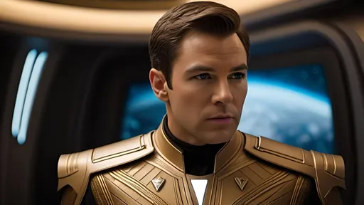 Prompt: a highly detailed, high quality professional matte painting incorporating elements of Star Trek, IMAX 70mm film, Voigtlander Super Wide-Heliar 15/4.5 lens,
 Captain Kirk, gold tunic, commanding physical presence, quizzical expression, hyper masculine, Roman-inspired haircut, detailed Roman-inspired Starfleet tunic, ornate, intricate design, highly detailed Starfleet communicator badges, gold and jewel embellishments, realistic rank insignia, relaxed posture, natural posture, dramatic lighting and shadows,  sci-fi, detailed face, relaxed facial expression, highly detailed skin texture, detailed hair, detailed hair texture, highly detailed eyes, detailed iris texture, detailed pupils, highly detailed eyelashes, highly detailed eyebrows, highly detailed ears, detailed arms, relaxed arms, detailed hands, detailed mouth texture, relaxed hands, detailed fingers, detailed mouths, relaxed mouths, detailed teeth,
 in deep space, on a futuristic starship, gleaming, futuristic Roman-inspired design, splendid, opulent,  Highly detailed futuristic depiction of Roman iconography, marble and gold materials, intricate marble carvings, futuristic Roman architecture, gold accents, ultra-detailed, professional, futuristic, Roman iconography, marble, gold, intricate details, advanced futuristic consoles, large highly  viewscreens, sleek advanced futuristic chairs, workstations with highly detailed holographic display panels, highly detailed schematics, central retro-futuristic Roman-inspired command center, opulently decorated, large LED panels, retro-futuristic, luxurious,  large forward viewscreen, highly detailed futuristic holographic display, vibrant and dynamic, Roman Empire vibe, captivating storytelling, expressive faces,  cybernetic enhancements, futuristic technology, detailed futuristic work stations, cinematic quality, dynamic composition, dramatic poses, unique visual narrative, dramatic angles, lens flare, professional lighting, subdued color scheme,  iconic Star Trek characters,

