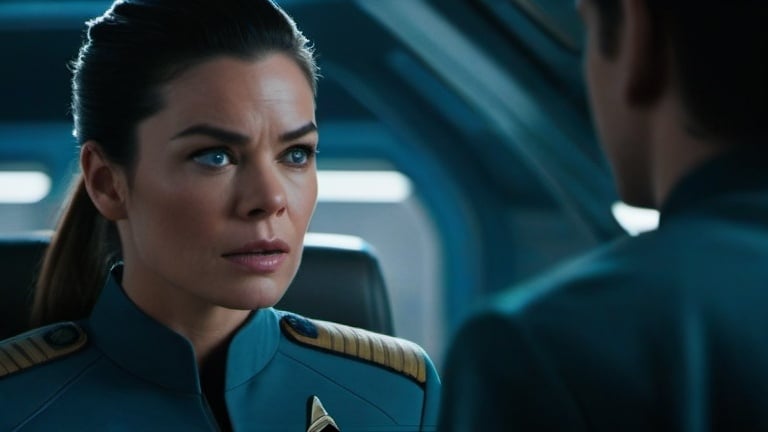 Prompt: Film noir version of Star Trek: Strange New World, Rebecca Romijn is Lieutenant commander Una Chin-Riley,  long dark brown hair, pony tail, detailed eyes, detailed uniform, detailed hair, detailed face, detailed hands, detailed fingers, fit and trim, a few crew members, relaxed posture, natural posture,  professional demeanor, gritty post-apocalyptic wasteland, windy, dusty and desolate environment,  derelict retro-futuristic spacecraft and rusty retro-futuristic mining equipment, detailed Starfleet away team uniforms, best quality, detailed textures, realistic, post-apocalyptic, intense close-ups,   emotional storytelling, intense lighting and shadows, muted earthy tones, liminal spaces, dramatic angles, professional lighting, Denis Villeneuve-inspired, detailed facial expressions, dust and debris in the air, lens flare,  IMAX 70mm film,  Zeiss ZM T* Biogon 21/2.8 lens,
