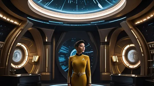 Prompt: a highly detailed, high quality professional matte painting incorporating elements of Star Trek, IMAX 70mm film, Voigtlander Super Wide-Heliar 15/4.5 lens,
 iconic Star Trek characters, detailed Roman-inspired Starfleet tunic, ornate, intricate design, highly detailed Starfleet communicator badges, gold and jewel embellishments, realistic rank insignia, relaxed posture, natural posture, dramatic lighting and shadows,  sci-fi, detailed face, relaxed facial expression, highly detailed skin texture, detailed hair, detailed hair texture, highly detailed eyes, detailed iris texture, detailed pupils, highly detailed eyelashes, highly detailed eyebrows, highly detailed ears, detailed arms, relaxed arms, detailed hands, detailed mouth texture, relaxed hands, detailed fingers, detailed mouths, relaxed mouths, detailed teeth,
 in deep space, on a futuristic starship, gleaming, futuristic Roman-inspired design, splendid, opulent,  Highly detailed futuristic depiction of Roman iconography, marble and gold materials, intricate marble carvings, futuristic Roman architecture, gold accents, ultra-detailed, professional, futuristic, Roman iconography, marble, gold, intricate details, advanced futuristic consoles, large highly  viewscreens, sleek advanced futuristic chairs, workstations with highly detailed holographic display panels, highly detailed schematics, central retro-futuristic Roman-inspired command center, opulently decorated, large LED panels, retro-futuristic, luxurious,  large forward viewscreen, highly detailed futuristic holographic display, vibrant and dynamic, Roman Empire vibe, captivating storytelling, expressive faces,  cybernetic enhancements, futuristic technology, detailed futuristic work stations, cinematic quality, dynamic composition, dramatic poses, unique visual narrative, dramatic angles, lens flare, professional lighting, subdued color scheme,  in deep space, Captain Kirk, gold tunic, commanding physical presence, quizzical expression, hyper masculine, Roman-inspired haircut

